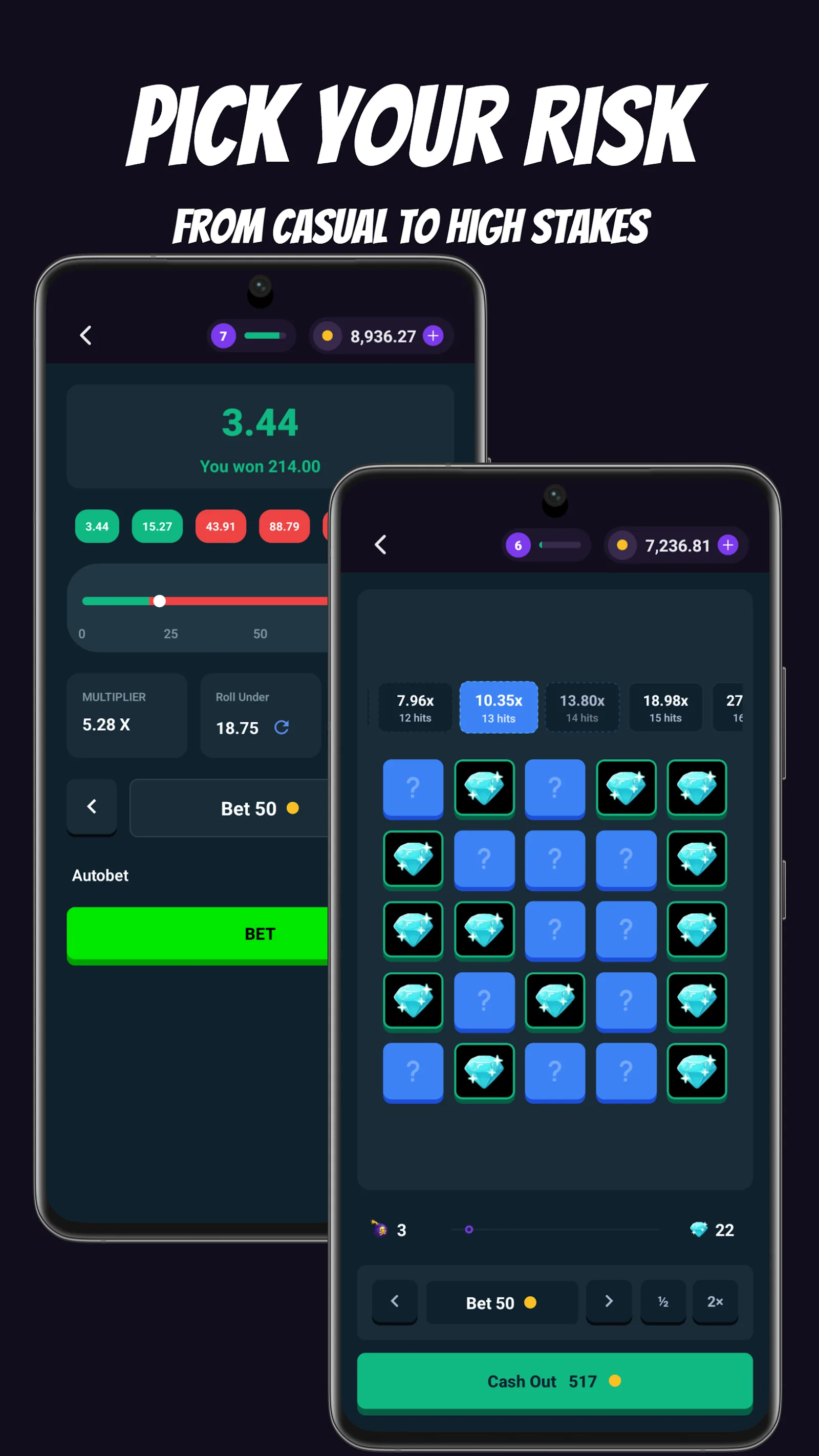Crash casino-style minigame in PocketCasino for Android