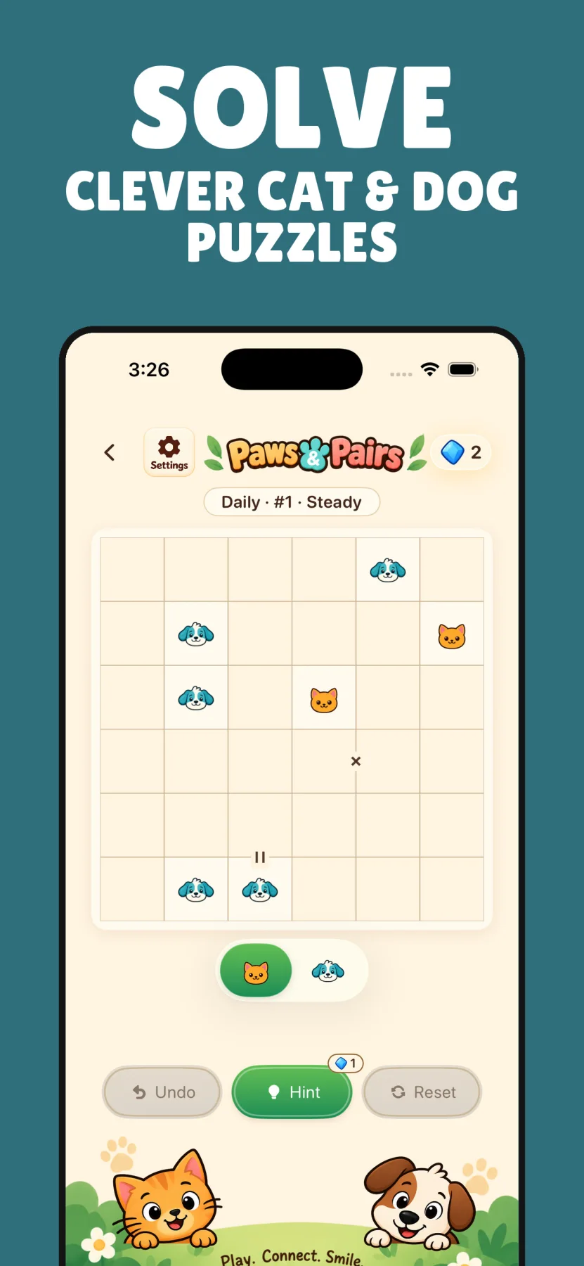 Paws & Pairs cat and dog binary logic puzzle grid on Android