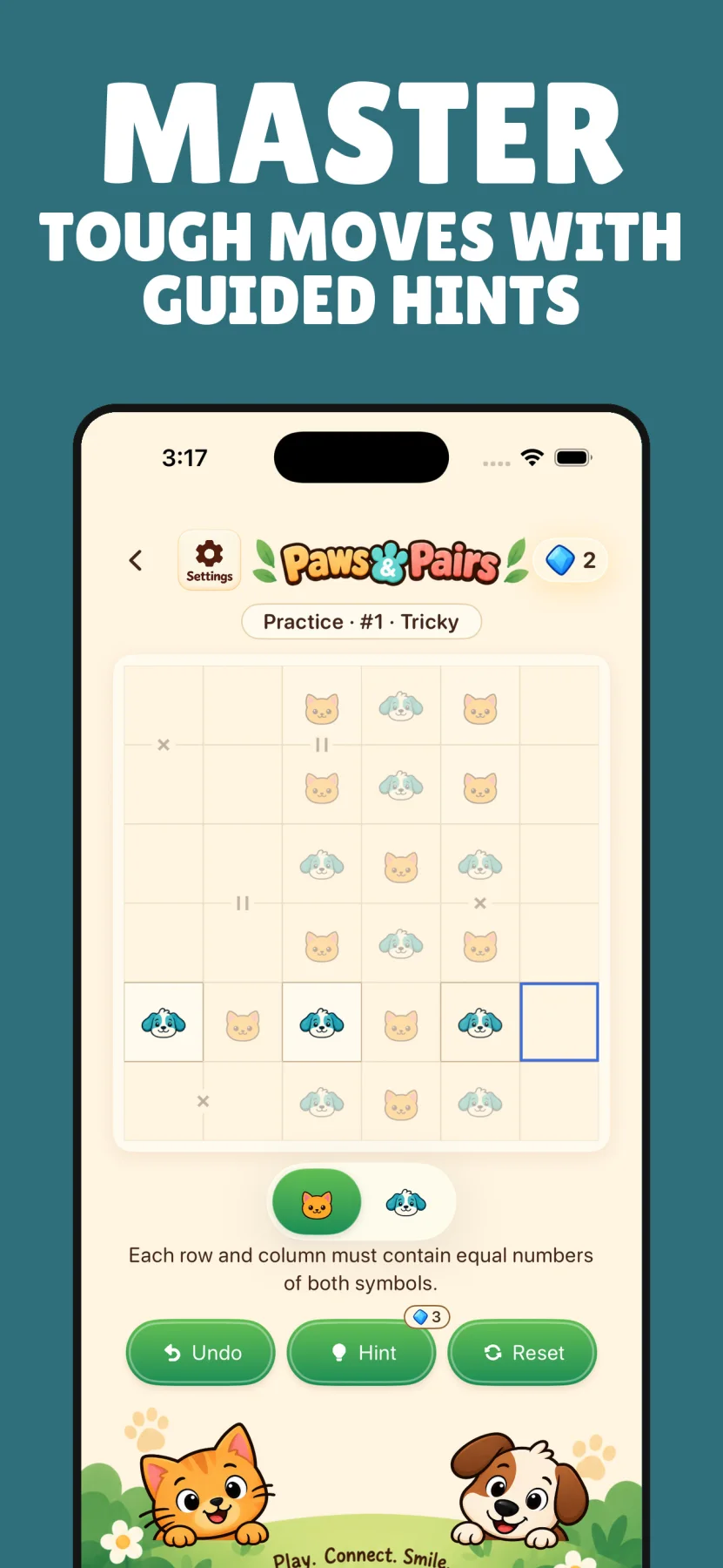 Explanatory hint teaching a Takuzu balance rule in Paws & Pairs