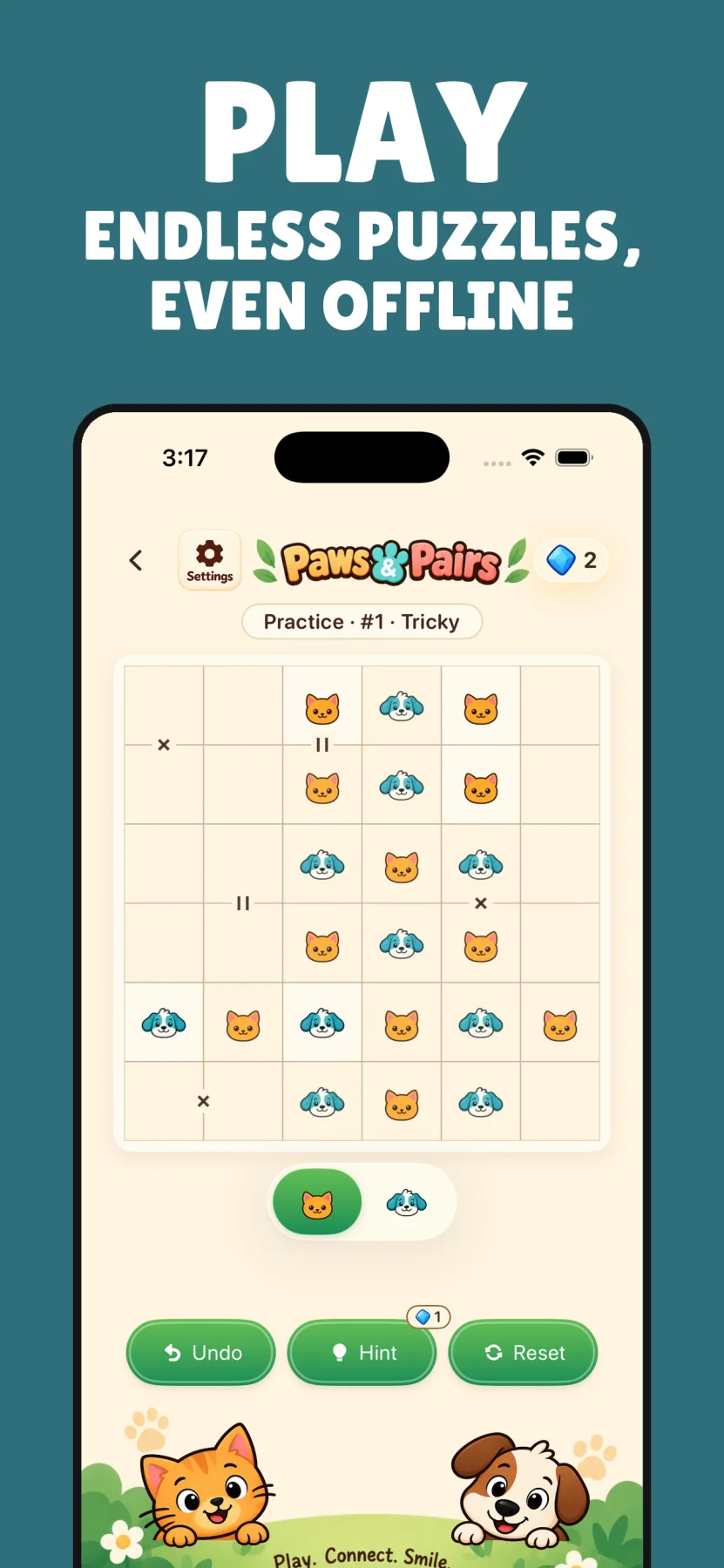 Offline cat and dog puzzle in Paws & Pairs practice mode